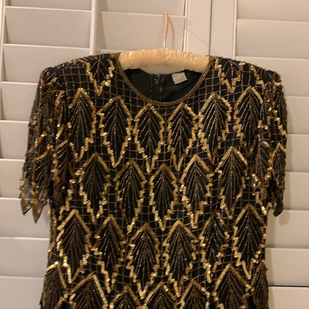 Laurence Kazar Leaf Black Gold Sequin Silk Vintage Cocktail Dress Size XL - Picture 8 of 17